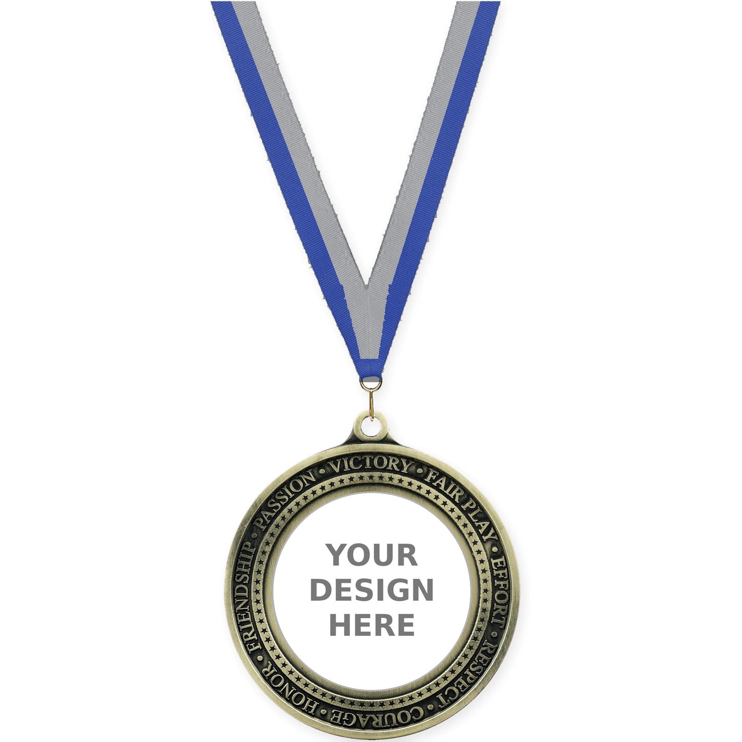 2 3/4 inch Inspiration Ring insert medal in antique gold with Blue Gray neck ribbon