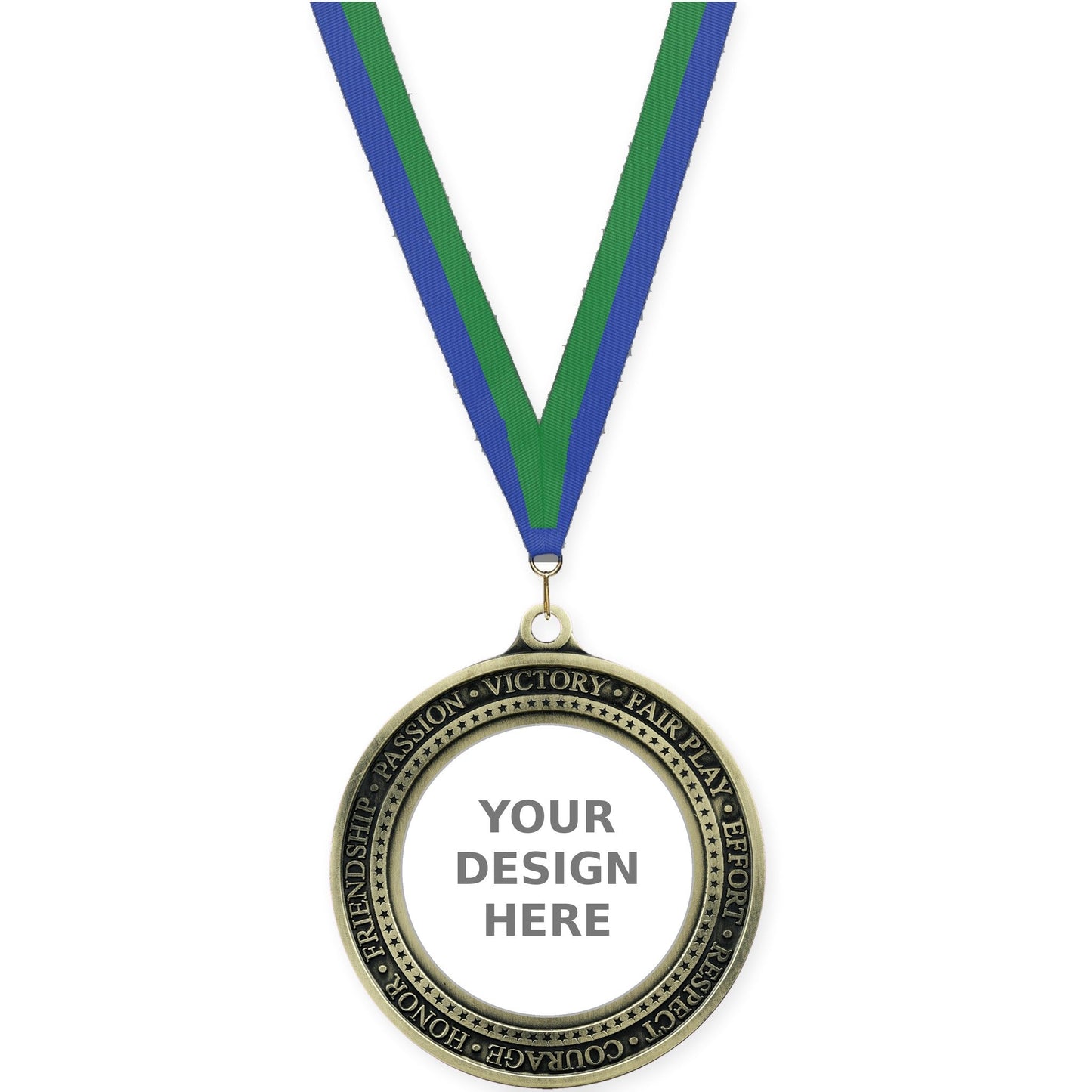 2 3/4 inch Inspiration Ring insert medal in antique gold with Blue Green neck ribbon