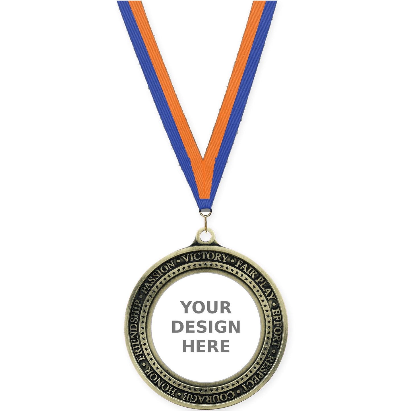 2 3/4 inch Inspiration Ring insert medal in antique gold with Blue Orange neck ribbon