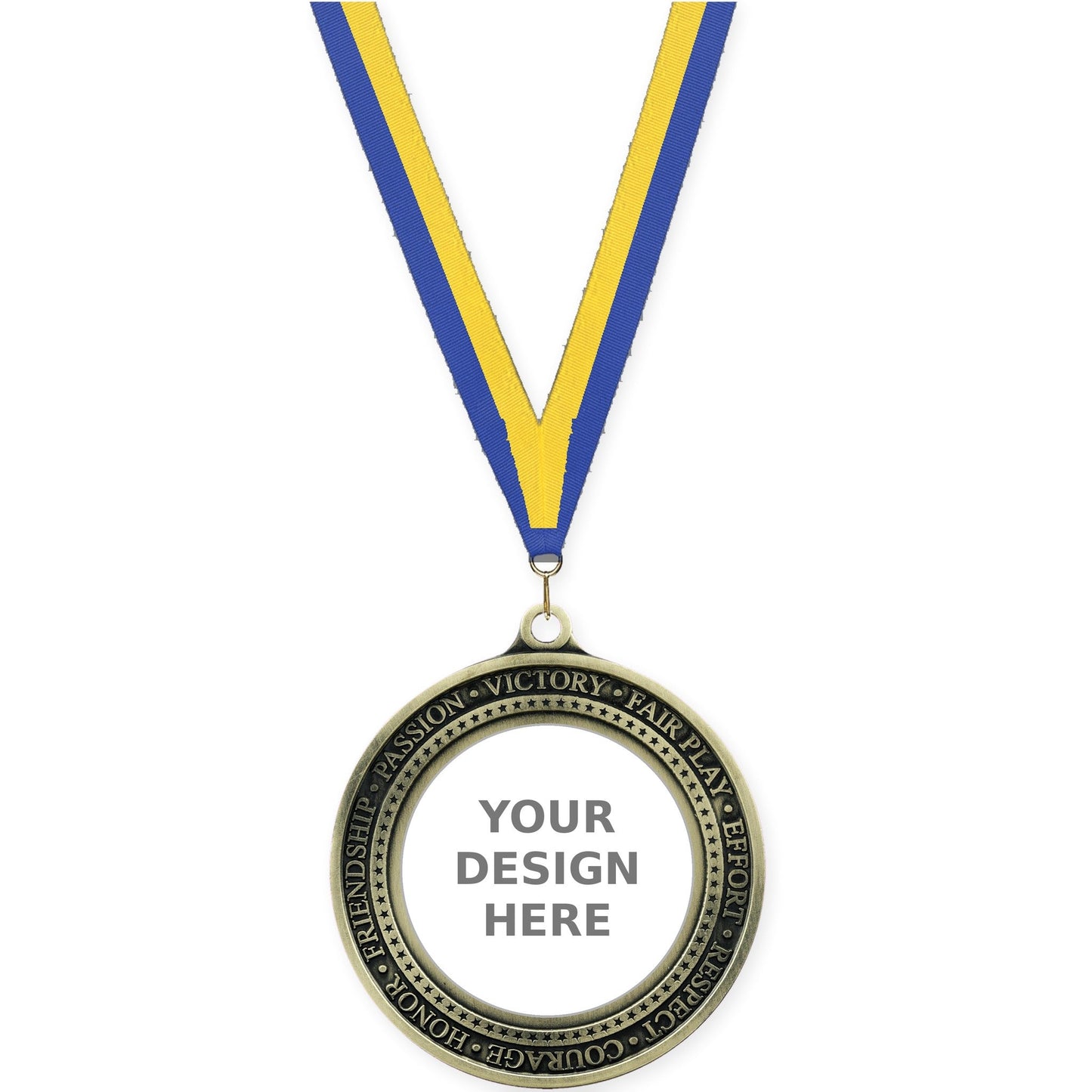 2 3/4 inch Inspiration Ring insert medal in antique gold with Blue Yellow neck ribbon