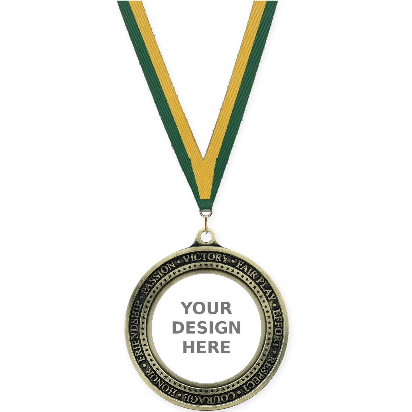 2 3/4 inch Inspiration Ring insert medal in antique gold with Hunter Green Gold neck ribbon