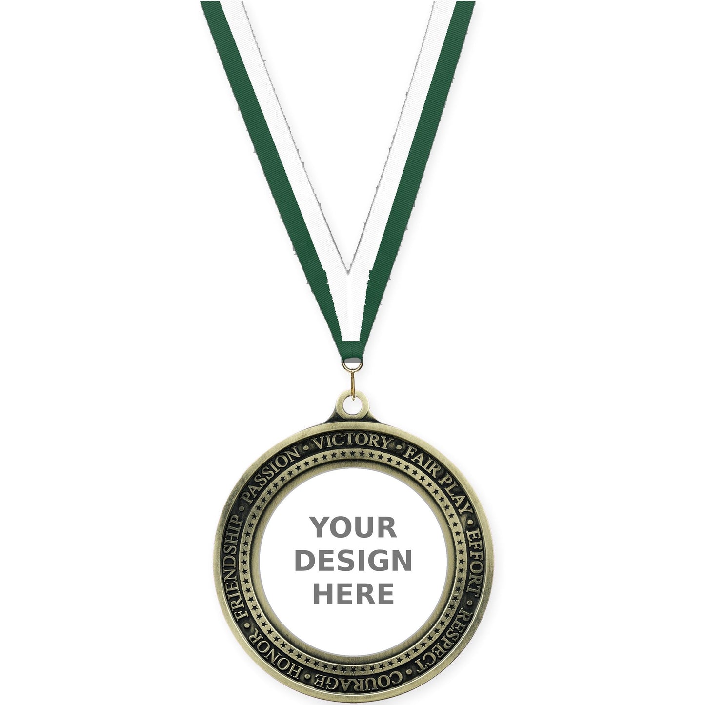 2 3/4 inch Inspiration Ring insert medal in antique gold with Hunter Green White neck ribbon