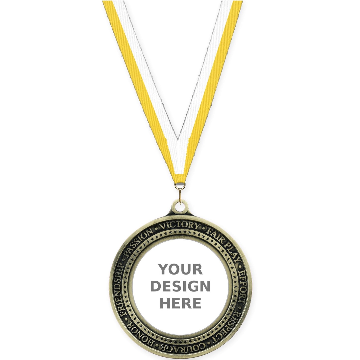 2 3/4 inch Inspiration Ring insert medal in antique gold with Yellow White neck ribbon