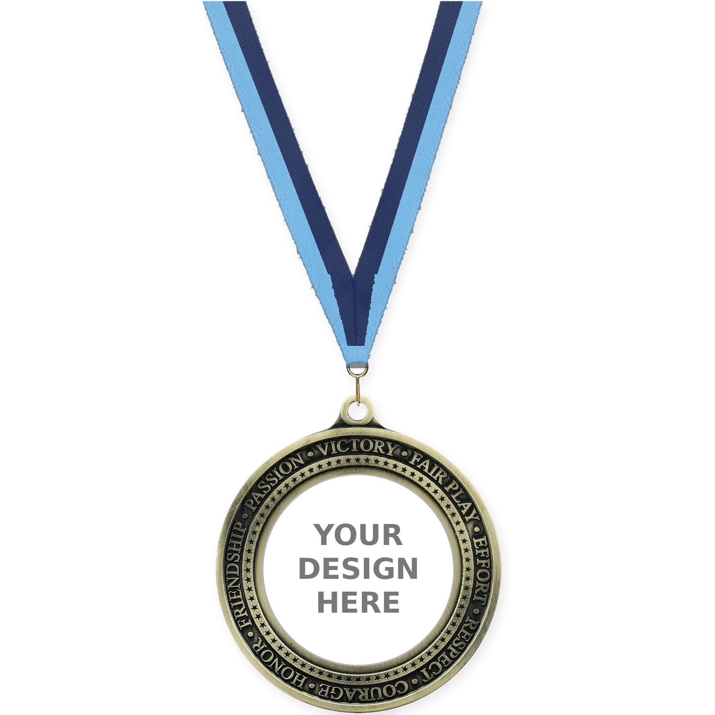 2 3/4 inch Inspiration Ring insert medal in antique gold with Light Blue Navy neck ribbon