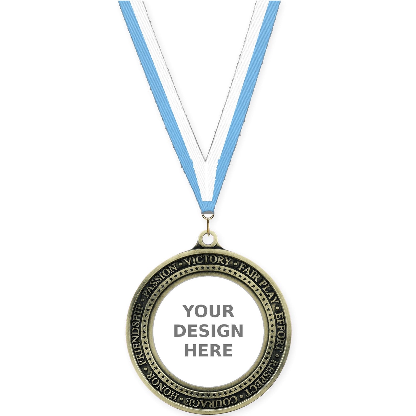 2 3/4 inch Inspiration Ring insert medal in antique gold with Light Blue White neck ribbon