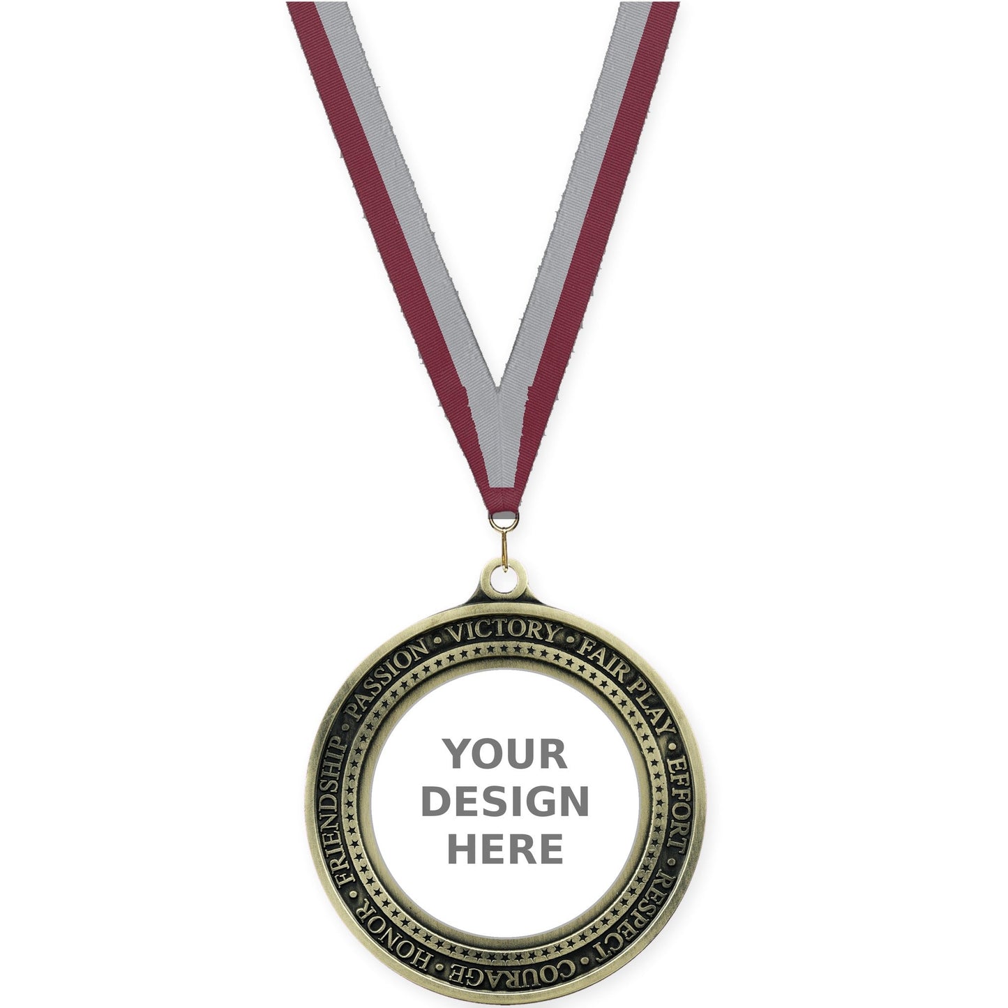 2 3/4 inch Inspiration Ring insert medal in antique gold with Maroon Gray neck ribbon