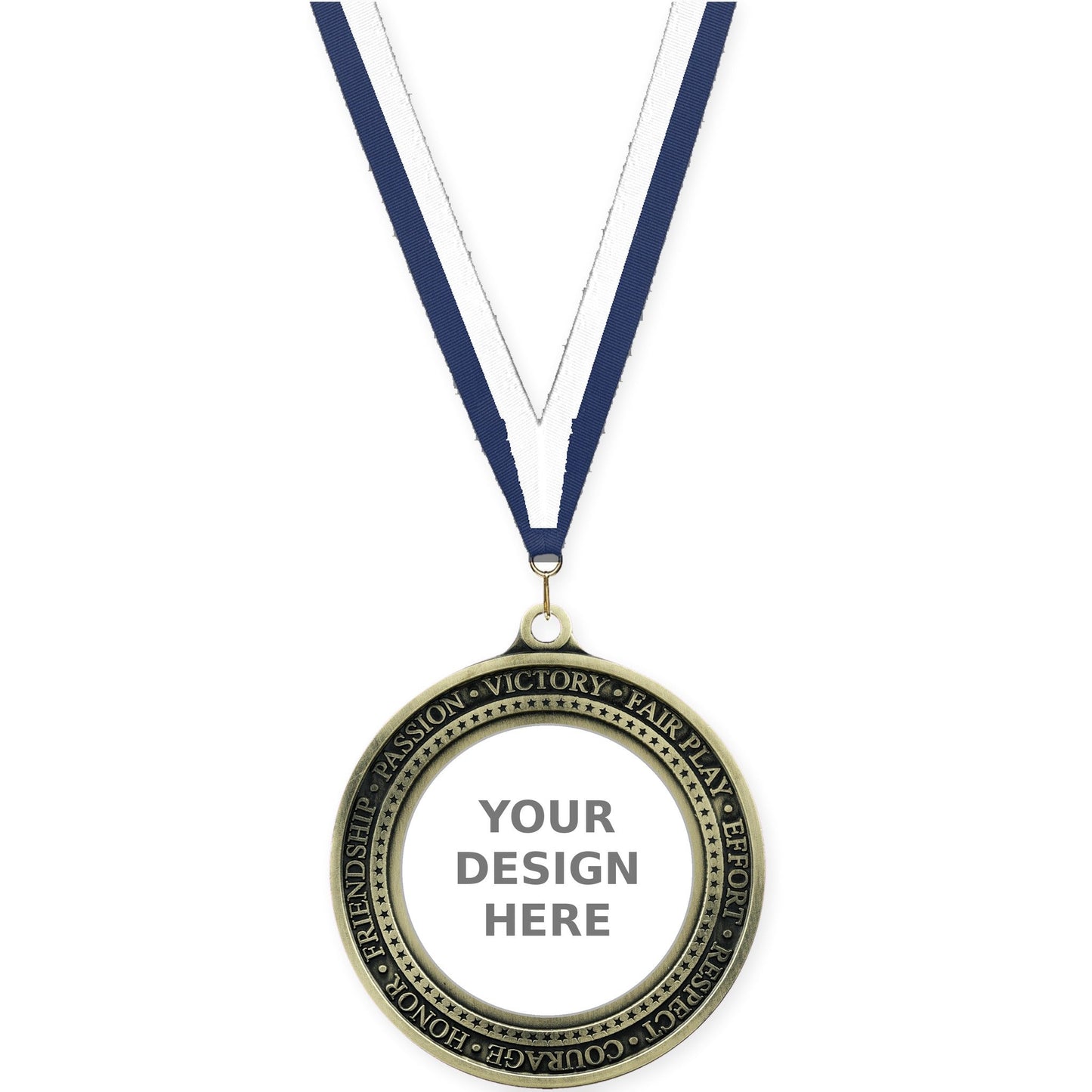 2 3/4 inch Inspiration Ring insert medal in antique gold with Navy White neck ribbon