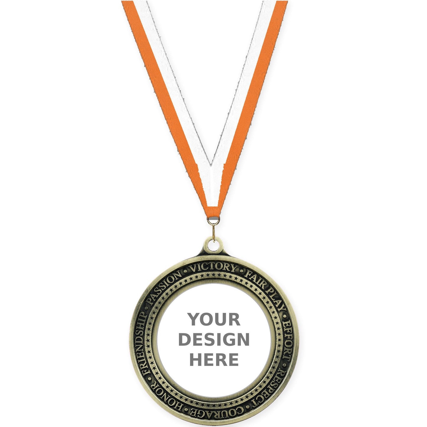 2 3/4 inch Inspiration Ring insert medal in antique gold with Orange White neck ribbon