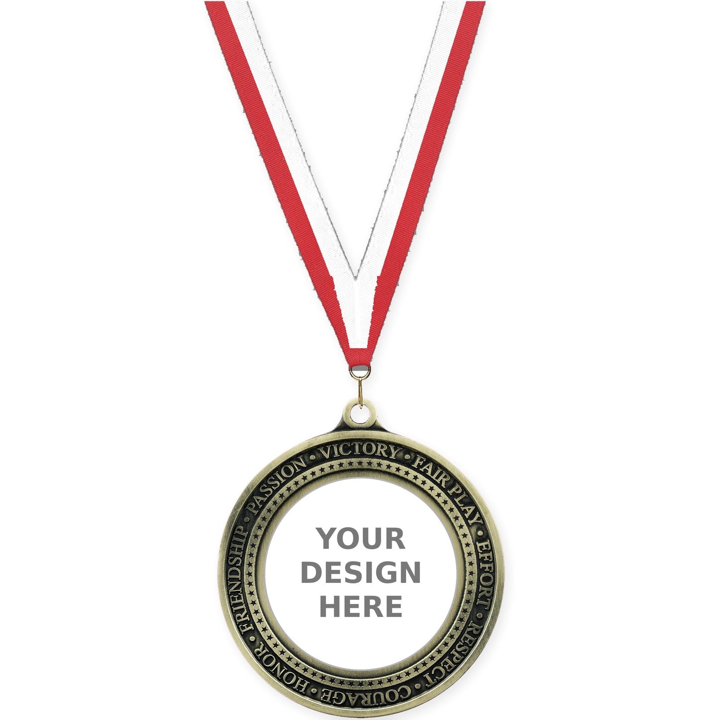 2 3/4 inch Inspiration Ring insert medal in antique gold with Red White neck ribbon