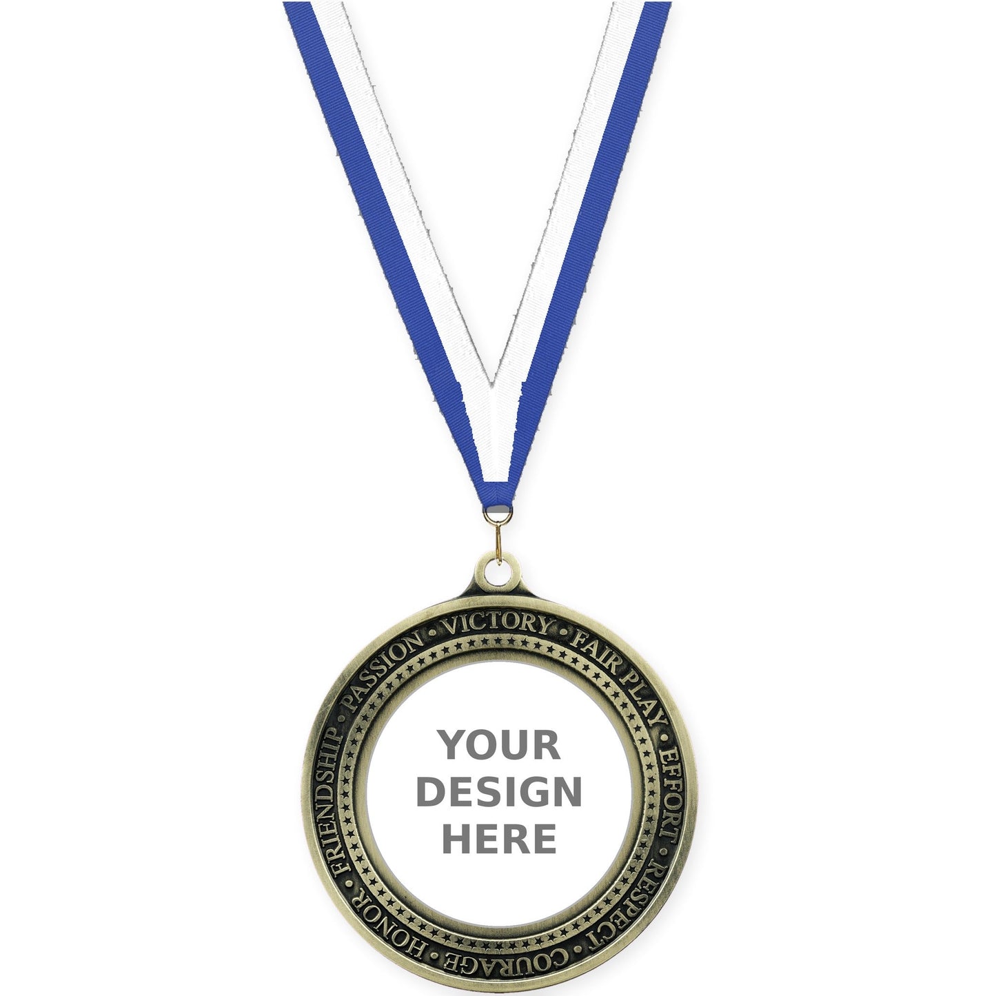 2 3/4 inch Inspiration Ring insert medal in antique gold with Blue White neck ribbon
