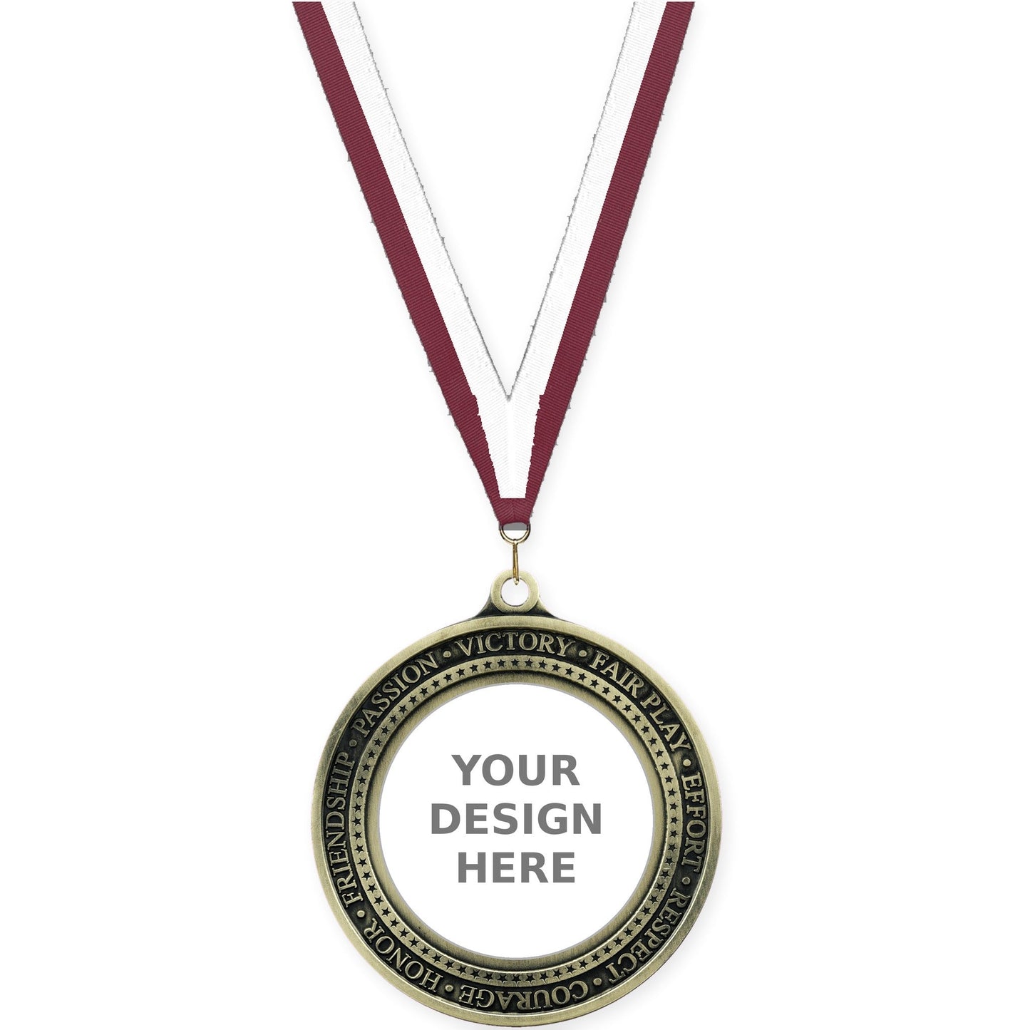 2 3/4 inch Inspiration Ring insert medal in antique gold with Maroon White neck ribbon