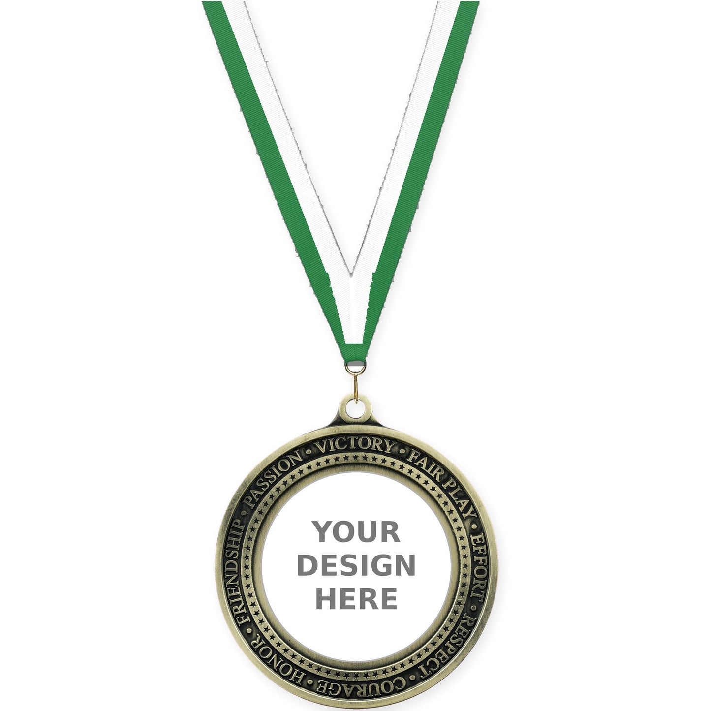 2 3/4 inch Inspiration Ring insert medal in antique gold with Green White neck ribbon