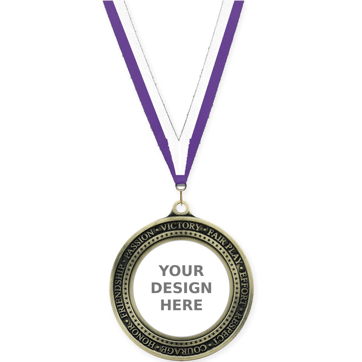 2 3/4 inch Inspiration Ring insert medal in antique gold with Purple White neck ribbon