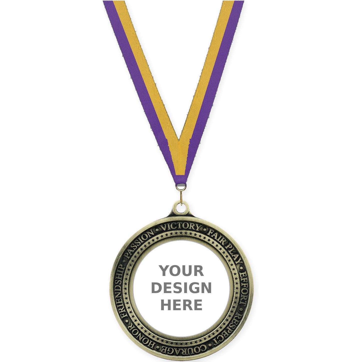 2 3/4 inch Inspiration Ring insert medal in antique gold with Purple Gold neck ribbon