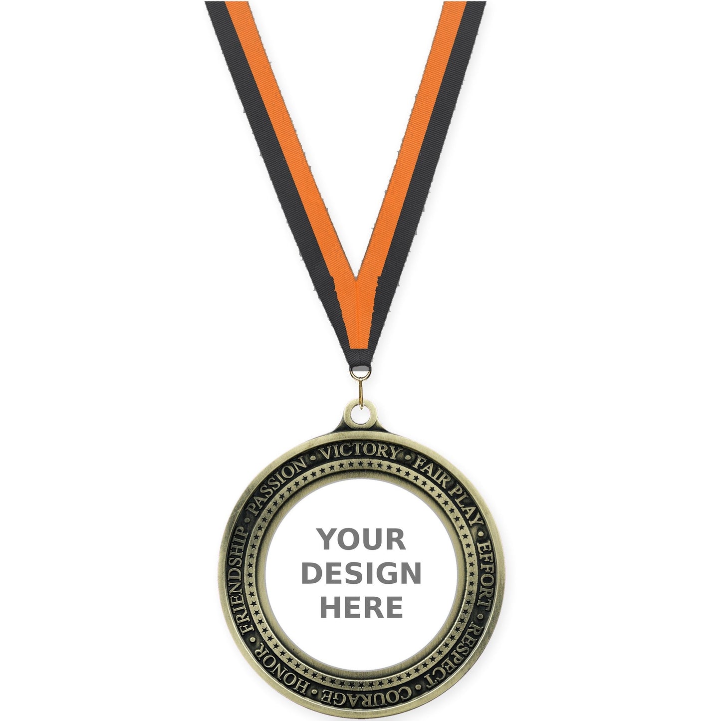 2 3/4 inch Inspiration Ring insert medal in antique gold with Black Orange neck ribbon