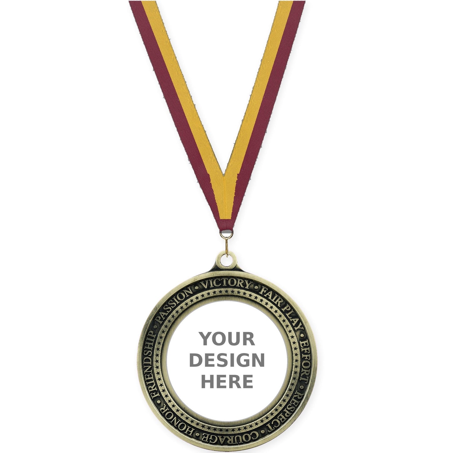 2 3/4 inch Inspiration Ring insert medal in antique gold with Maroon Gold neck ribbon