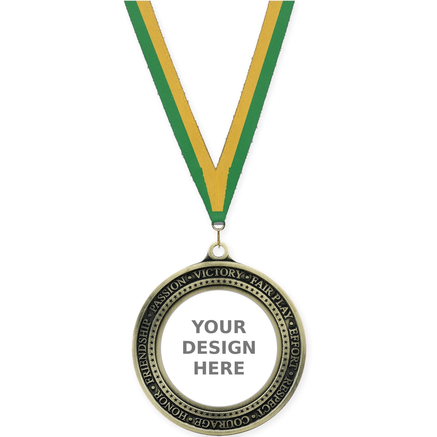 2 3/4 inch Inspiration Ring insert medal in antique gold with Green Gold neck ribbon
