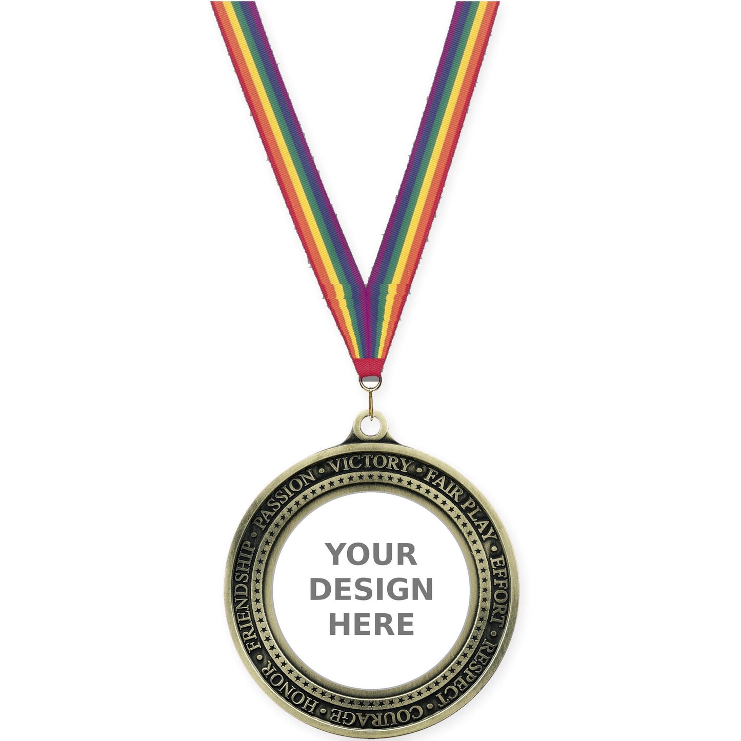 2 3/4 inch Inspiration Ring insert medal in antique gold with Rainbow neck ribbon