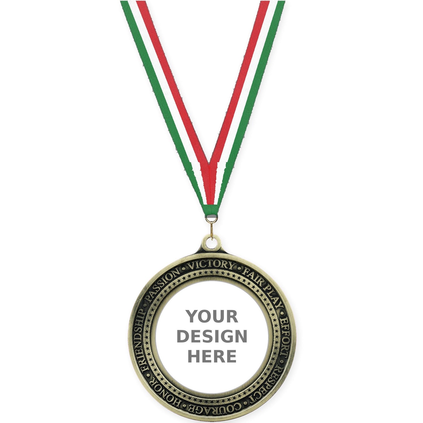 2 3/4 inch Inspiration Ring insert medal in antique gold with Green White Red neck ribbon