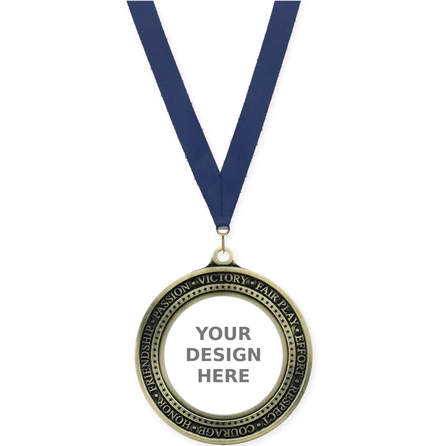 2 3/4 inch Inspiration Ring insert medal in antique gold with Navy neck ribbon
