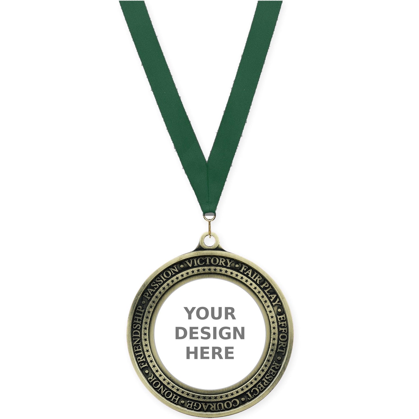 2 3/4 inch Inspiration Ring insert medal in antique gold with Hunter Green neck ribbon