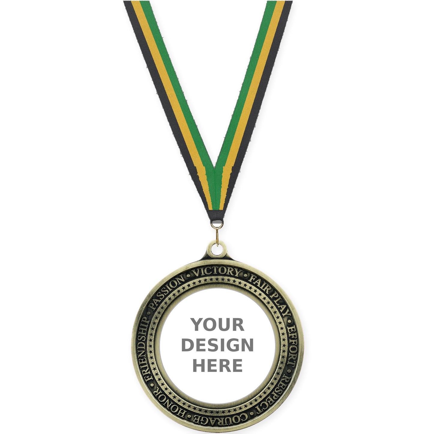 2 3/4 inch Inspiration Ring insert medal in antique gold with Black Gold Green neck ribbon