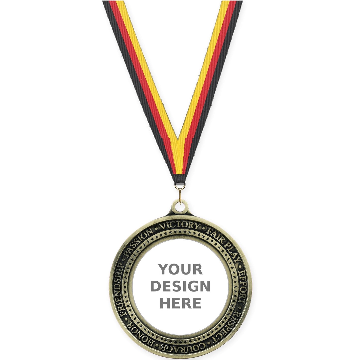 2 3/4 inch Inspiration Ring insert medal in antique gold with Black Red Yellow neck ribbon
