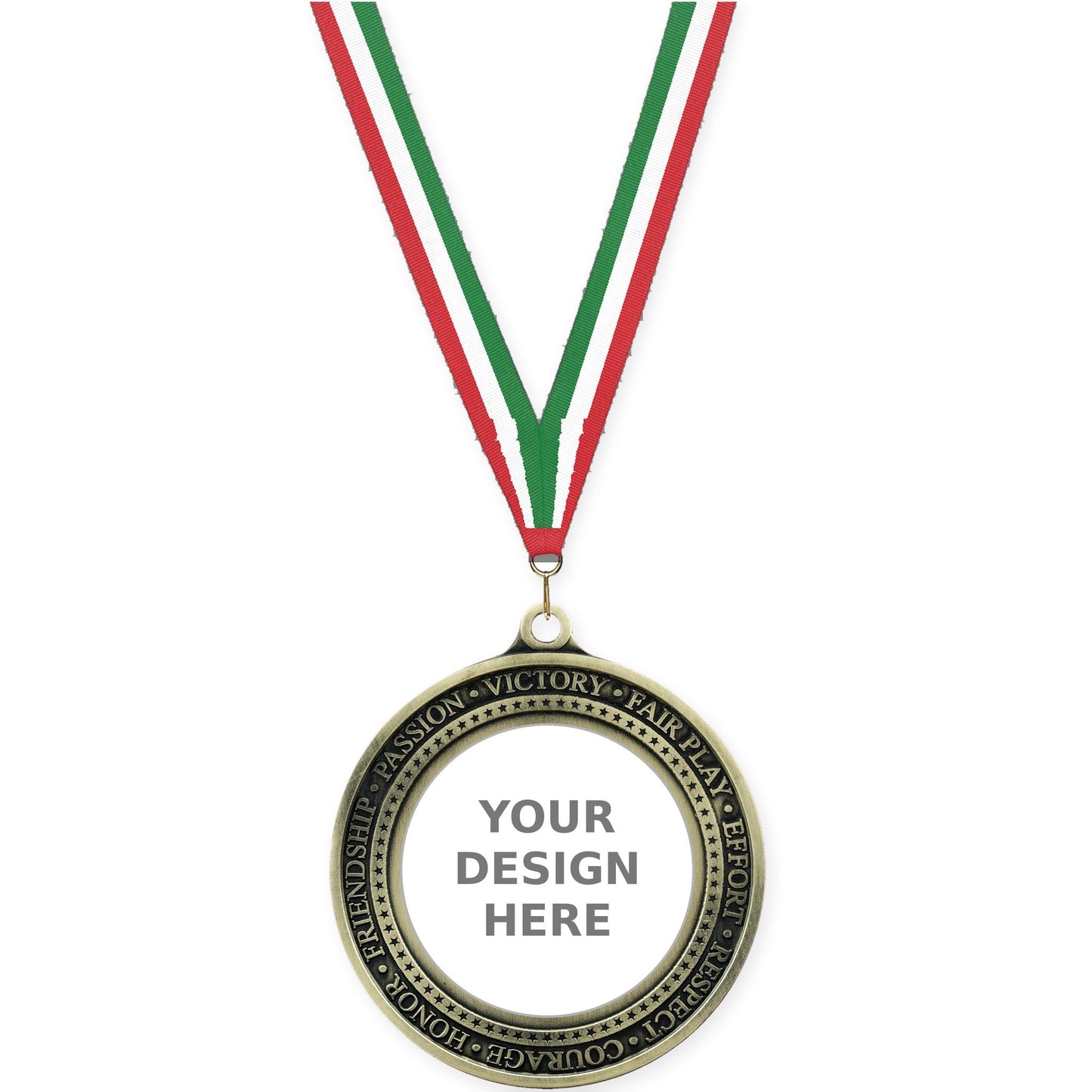 2 3/4 inch Inspiration Ring insert medal in antique gold with Red White Green neck ribbon