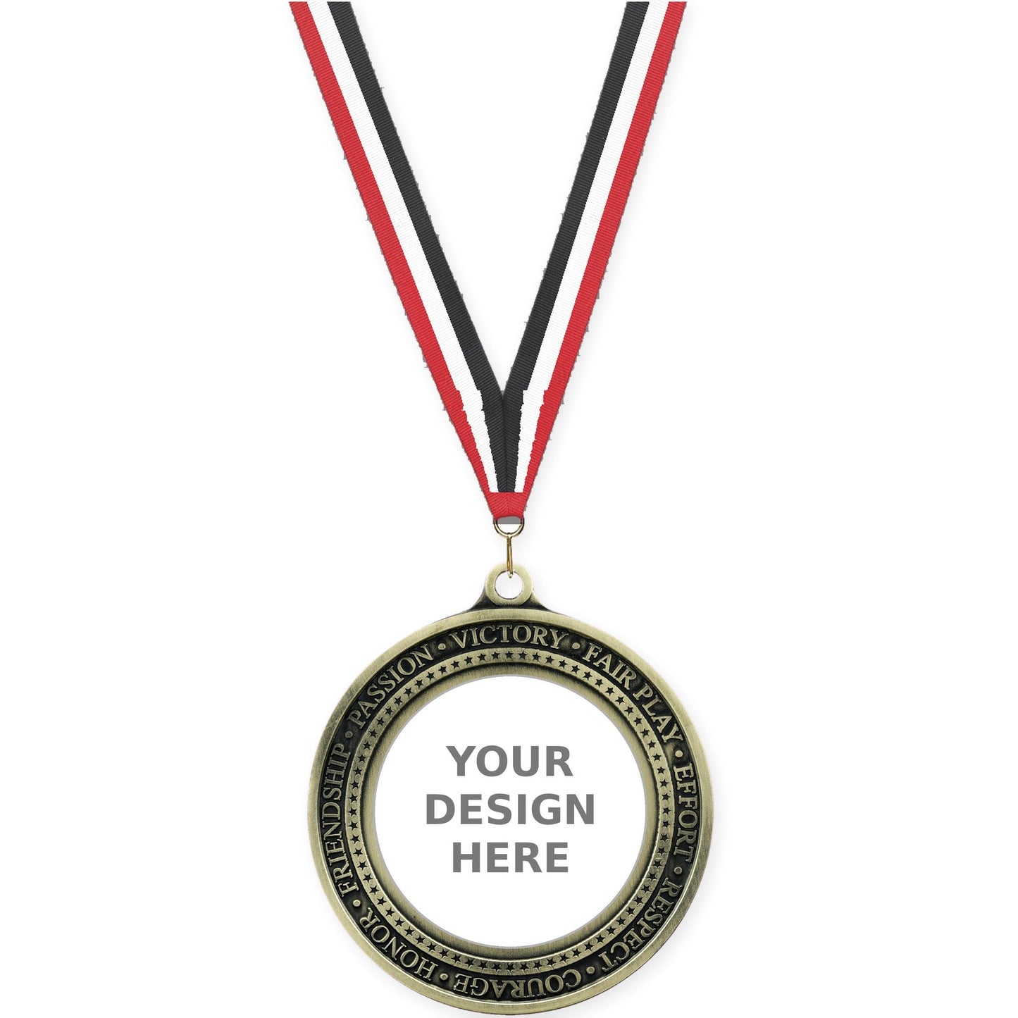 2 3/4 inch Inspiration Ring insert medal in antique gold with Red White Black neck ribbon