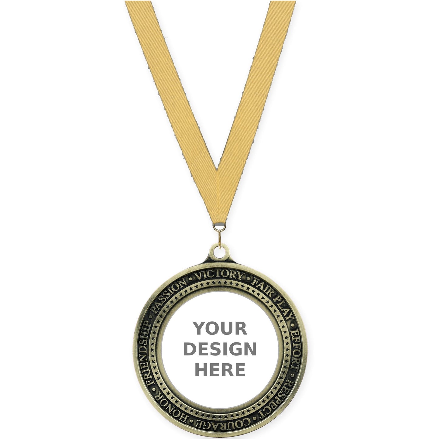 2 3/4 inch Inspiration Ring insert medal in antique gold with Gold Metallic neck ribbon
