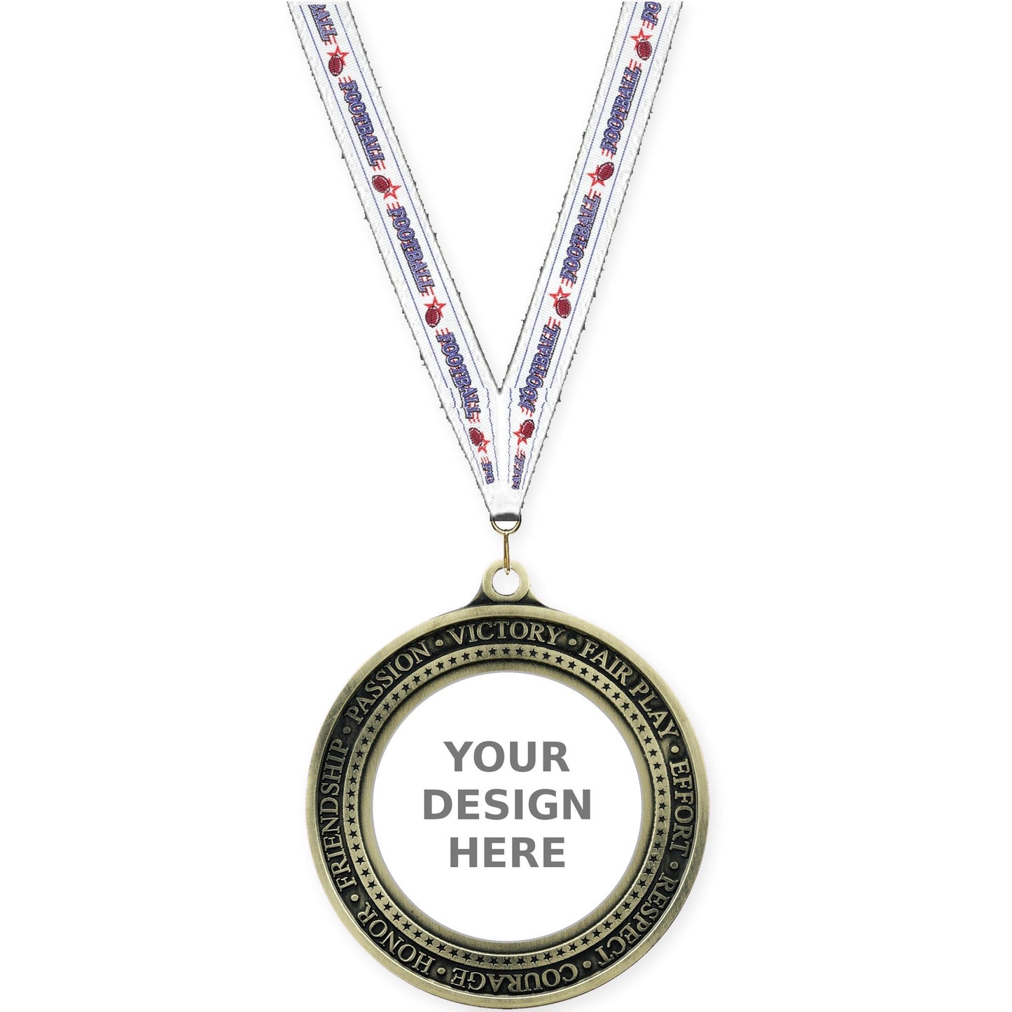 2 3/4 inch Inspiration Ring insert medal in antique gold with Football neck ribbon