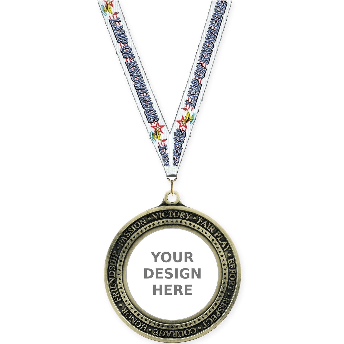 2 3/4 inch Inspiration Ring insert medal in antique gold with Lamp Of Knowledge neck ribbon