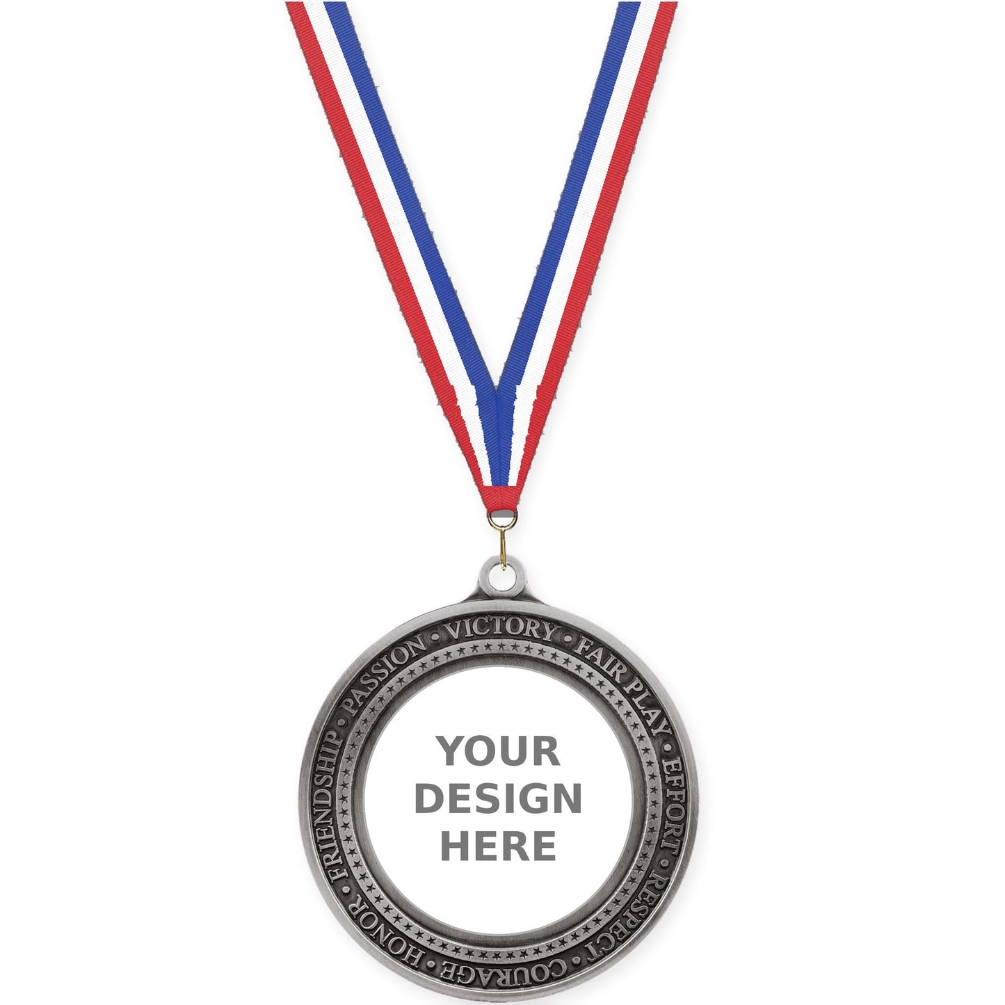 2 3/4 inch Inspiration Ring insert medal in antique silver with Red White Blue neck ribbon