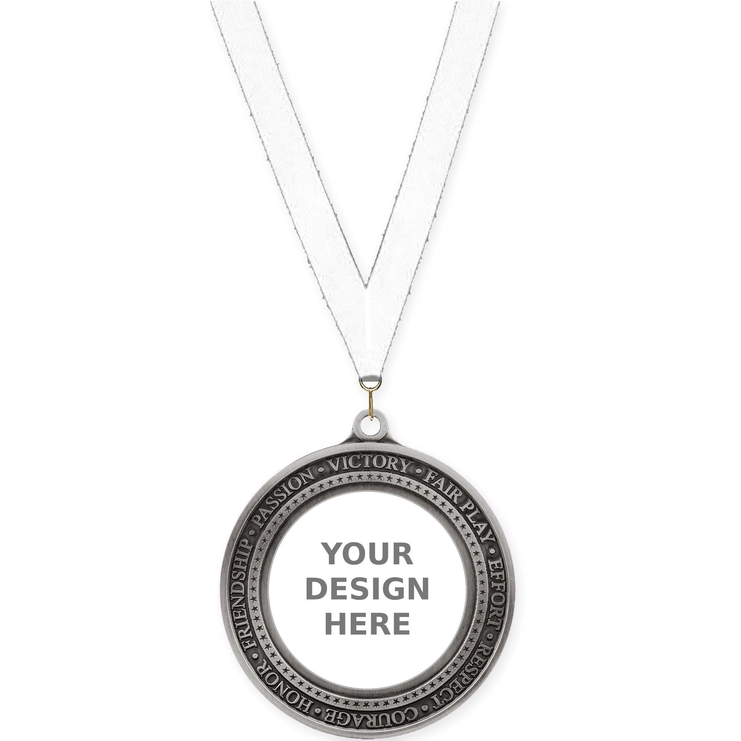 2 3/4 inch Inspiration Ring insert medal in antique silver with White neck ribbon