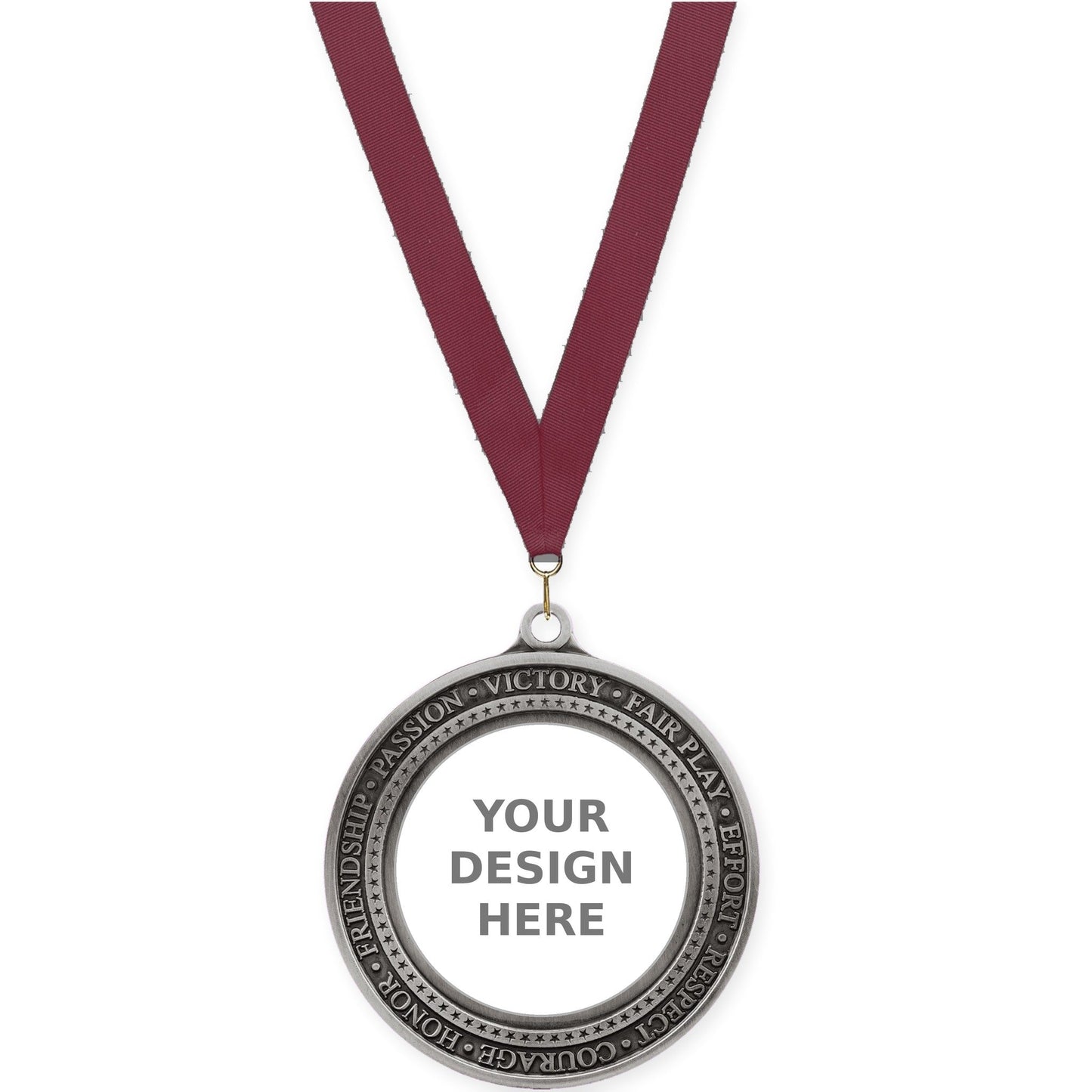 2 3/4 inch Inspiration Ring insert medal in antique silver with Maroon neck ribbon