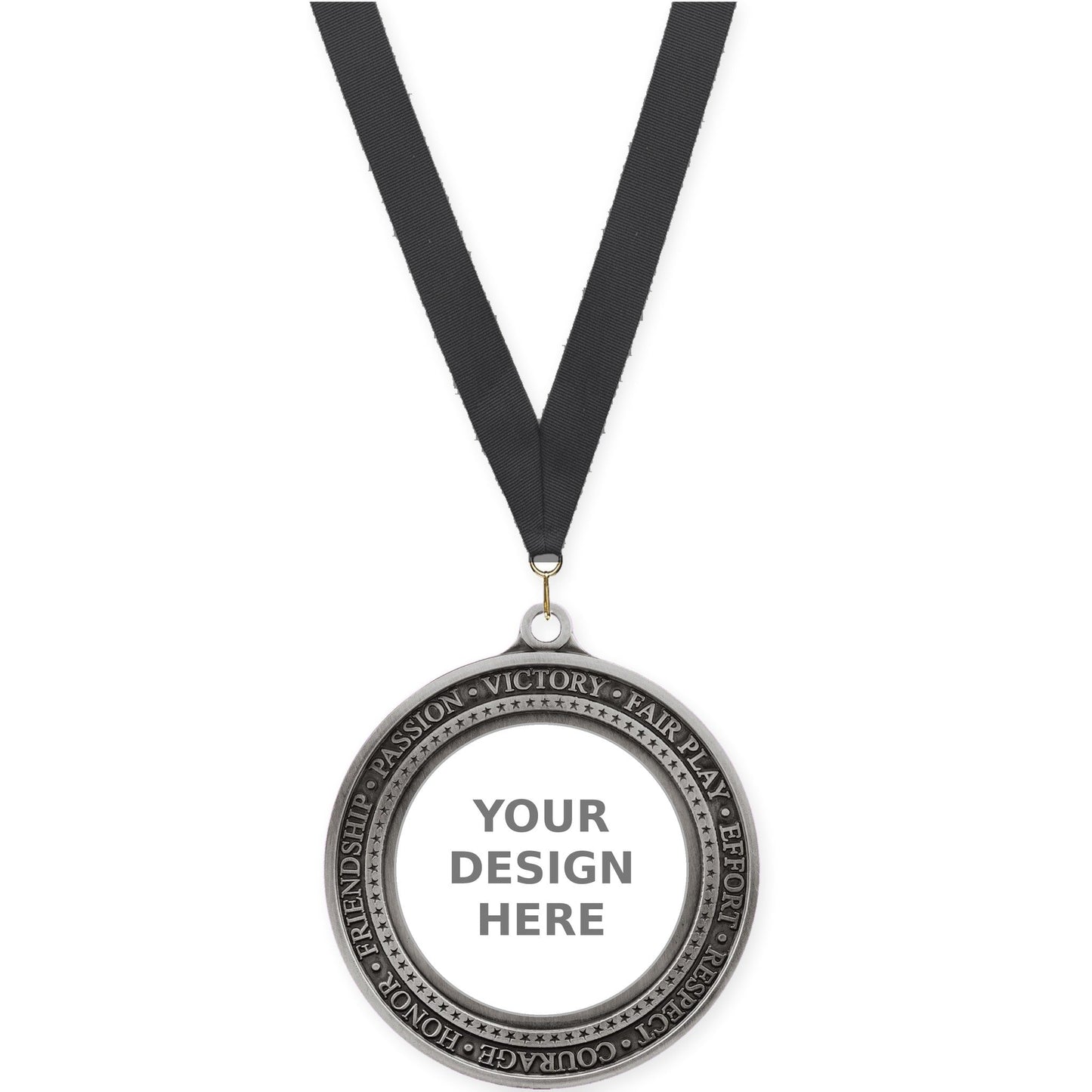 2 3/4 inch Inspiration Ring insert medal in antique silver with Black neck ribbon