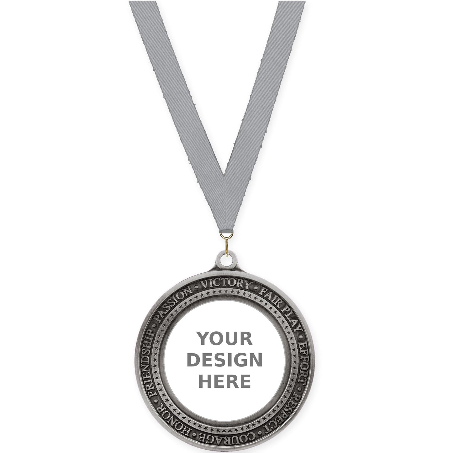 2 3/4 inch Inspiration Ring insert medal in antique silver with Gray neck ribbon