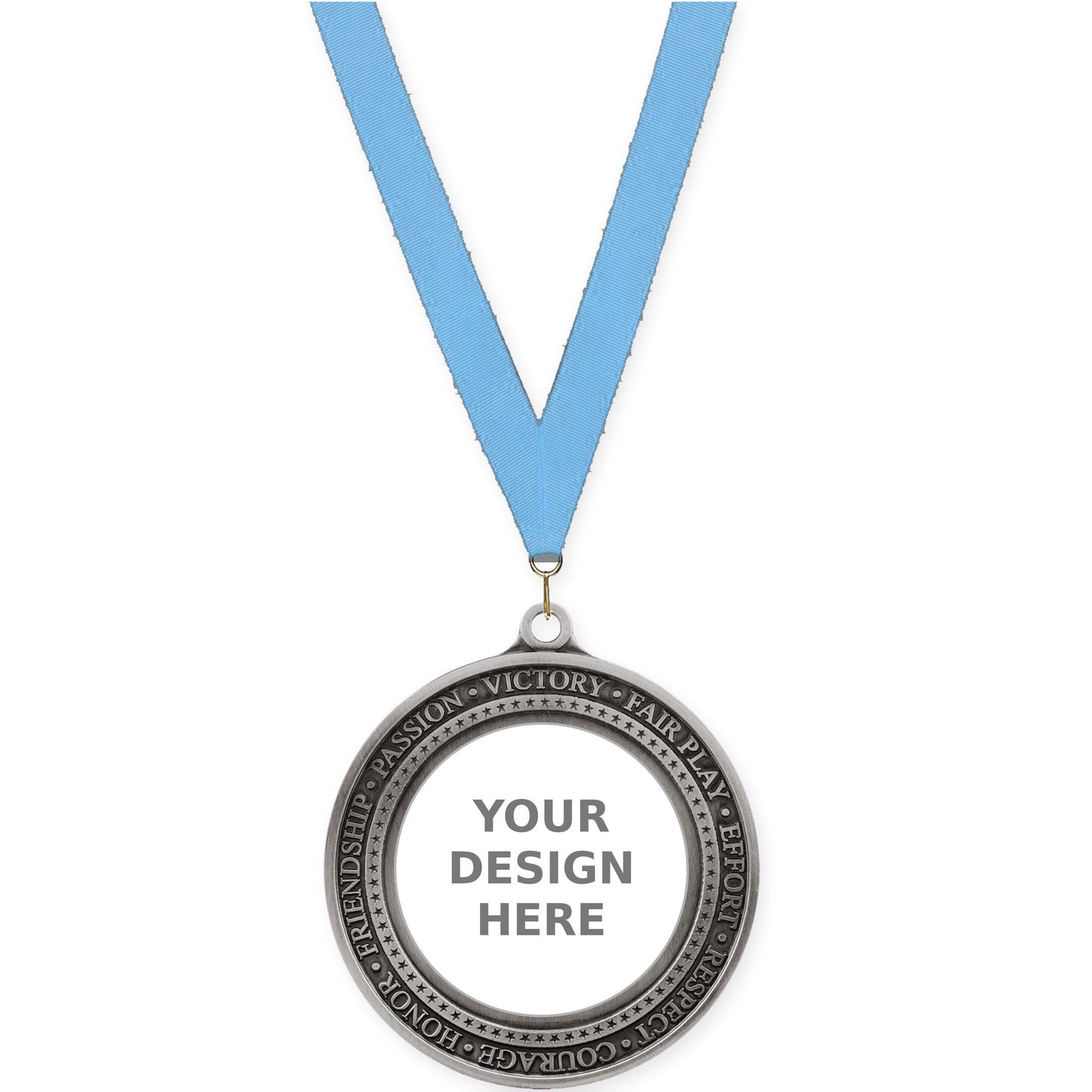 2 3/4 inch Inspiration Ring insert medal in antique silver with Light Blue neck ribbon