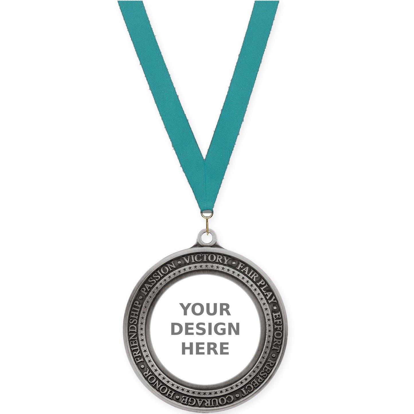 2 3/4 inch Inspiration Ring insert medal in antique silver with Teal neck ribbon