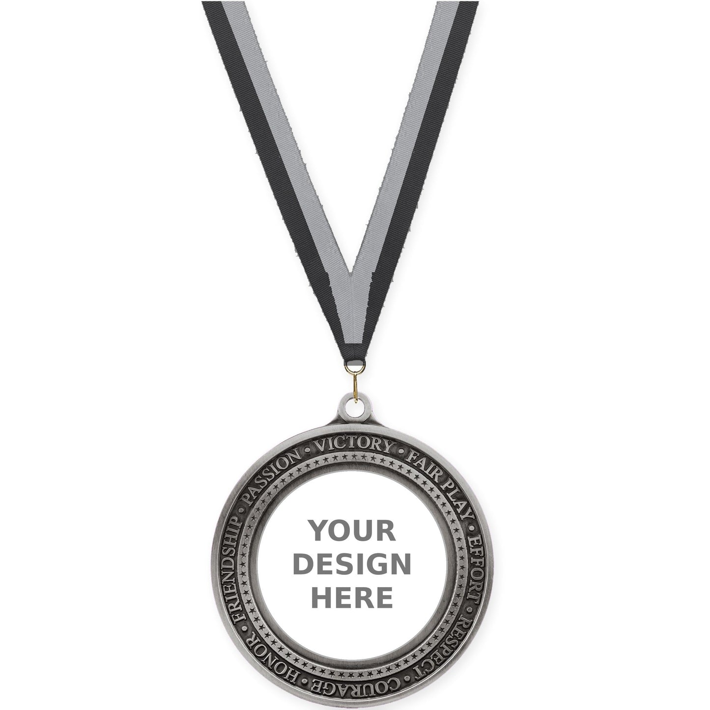 2 3/4 inch Inspiration Ring insert medal in antique silver with Black Gray neck ribbon