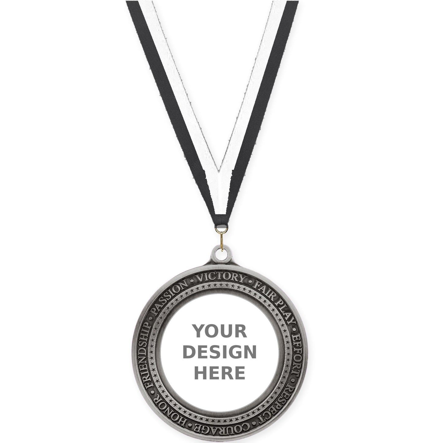 2 3/4 inch Inspiration Ring insert medal in antique silver with Black White neck ribbon