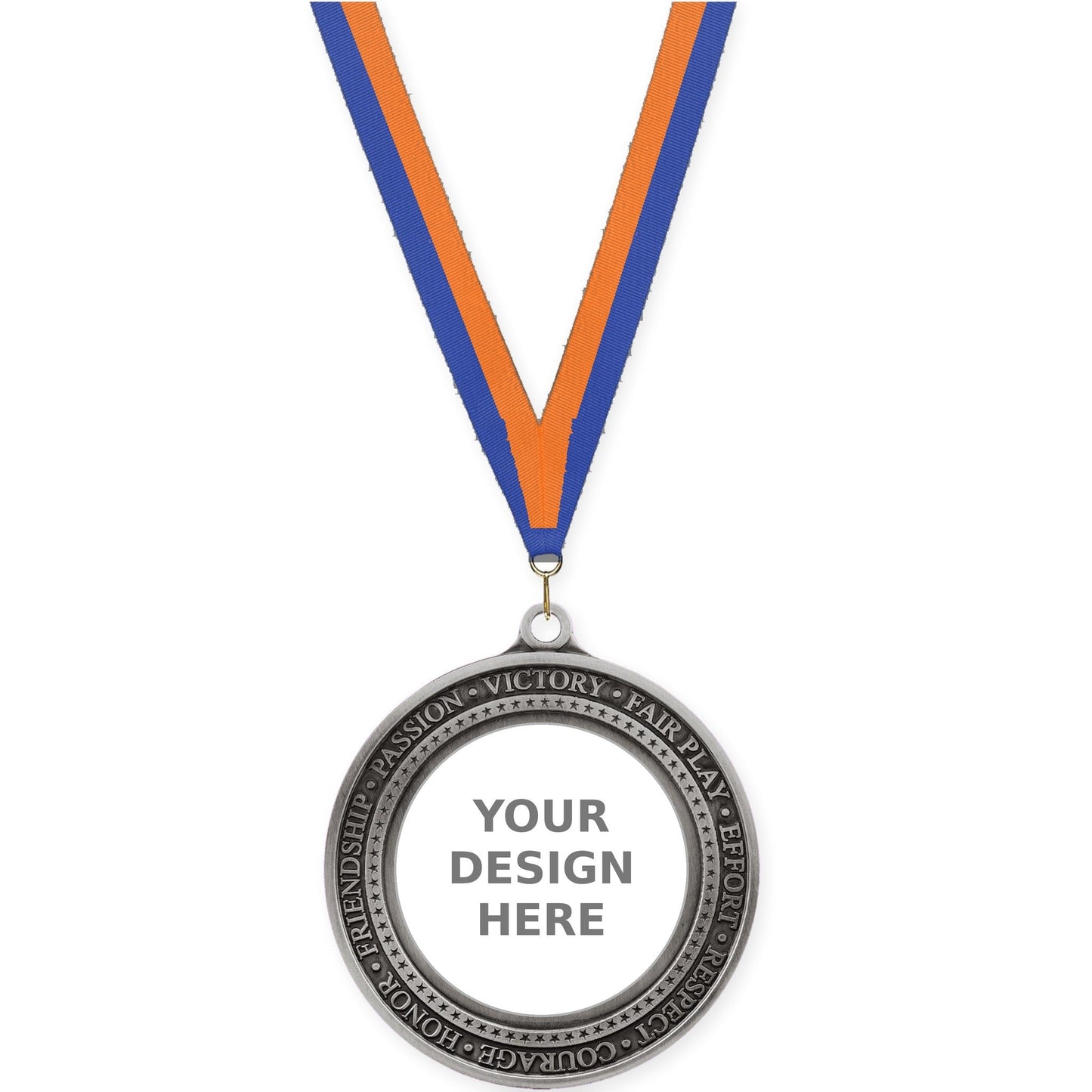 2 3/4 inch Inspiration Ring insert medal in antique silver with Blue Orange neck ribbon