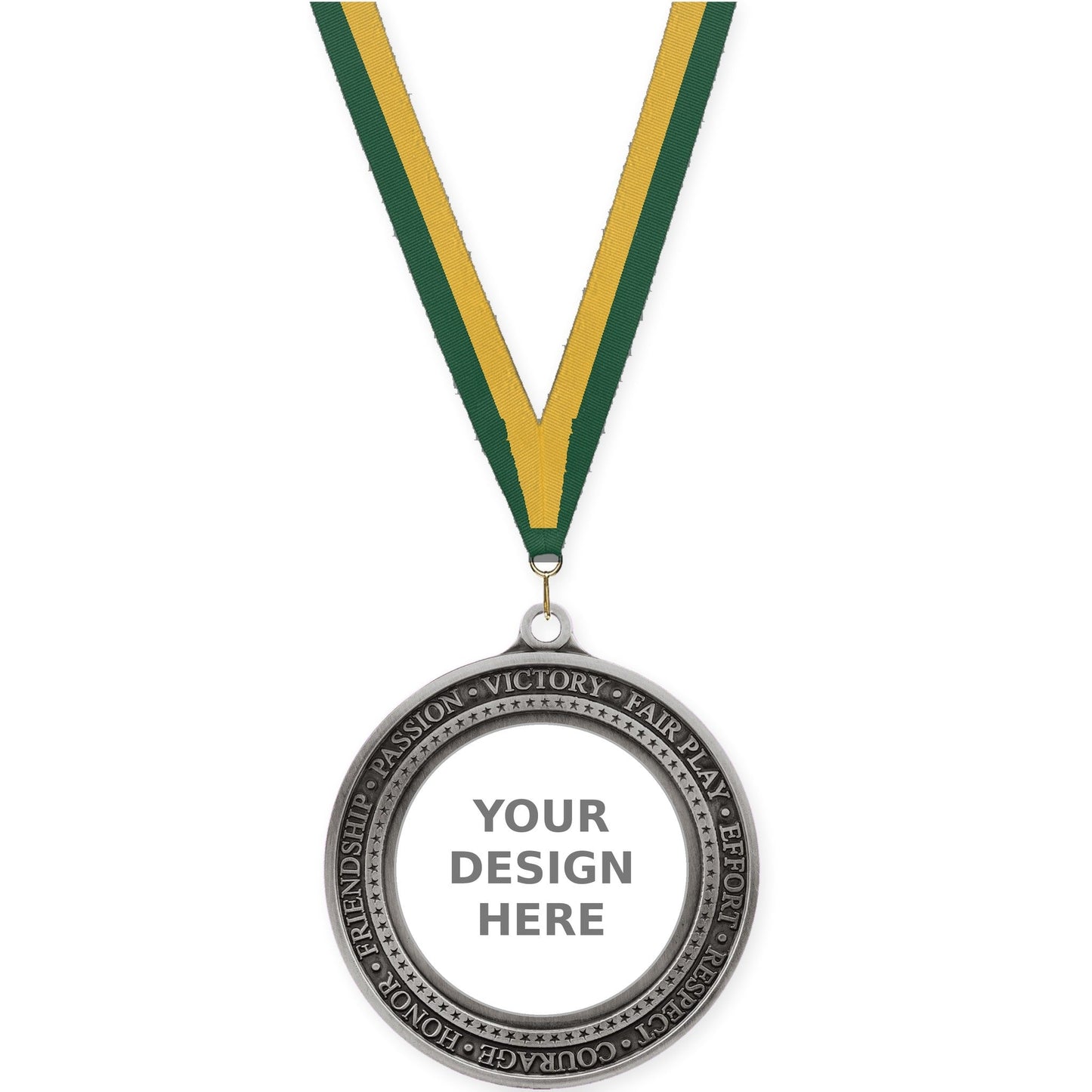 2 3/4 inch Inspiration Ring insert medal in antique silver with Hunter Green Gold neck ribbon
