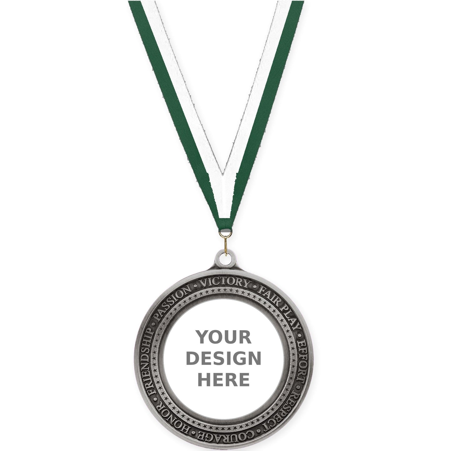 2 3/4 inch Inspiration Ring insert medal in antique silver with Hunter Green White neck ribbon