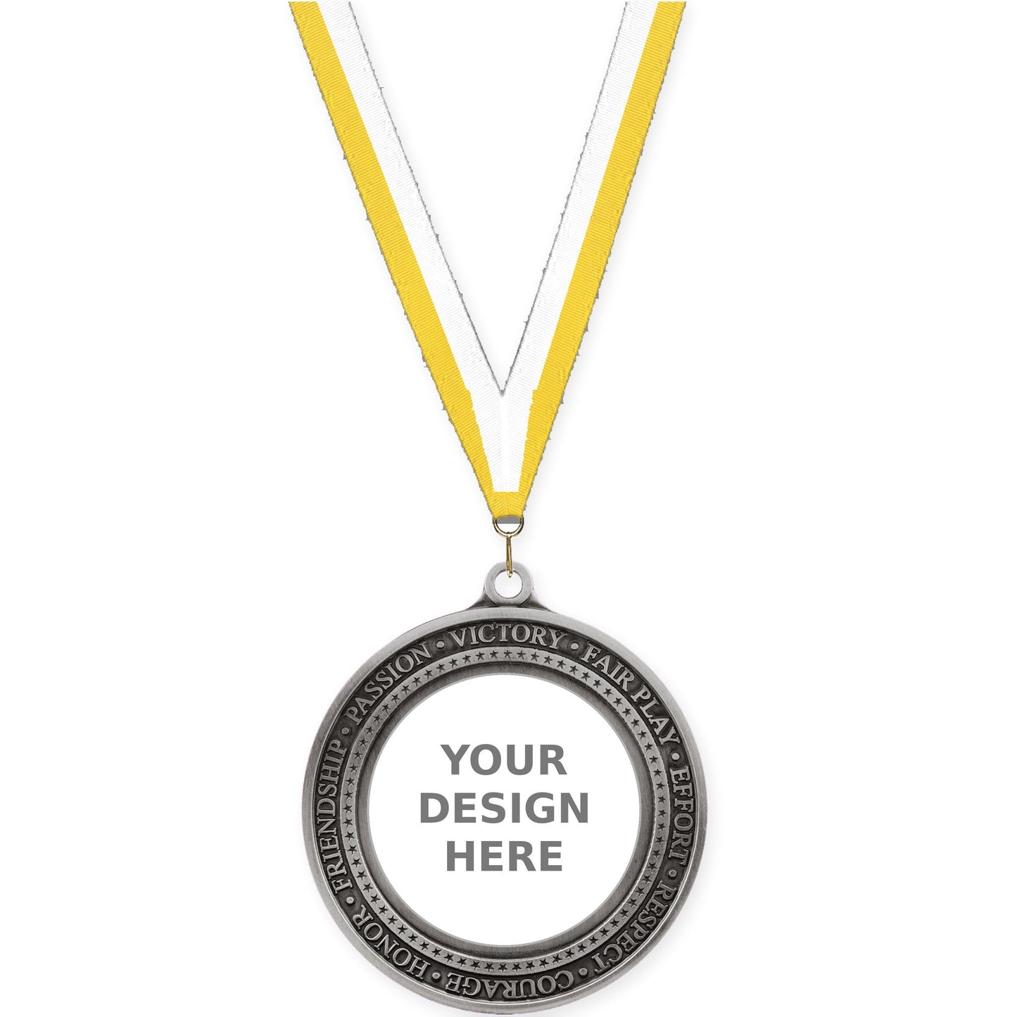 2 3/4 inch Inspiration Ring insert medal in antique silver with Yellow White neck ribbon