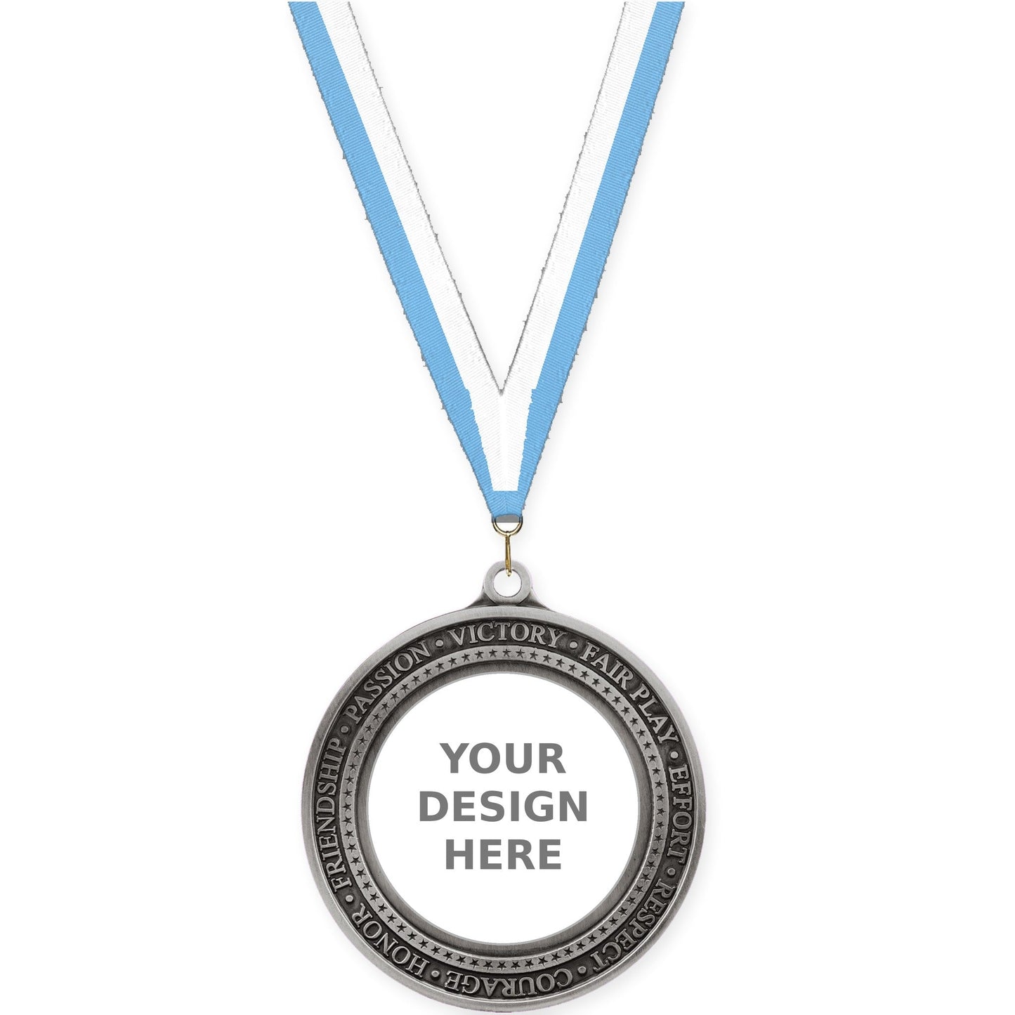 2 3/4 inch Inspiration Ring insert medal in antique silver with Light Blue White neck ribbon