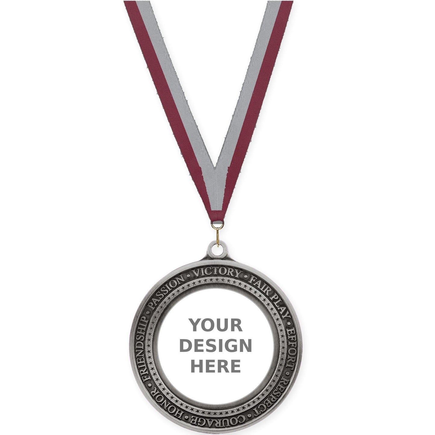 2 3/4 inch Inspiration Ring insert medal in antique silver with Maroon Gray neck ribbon