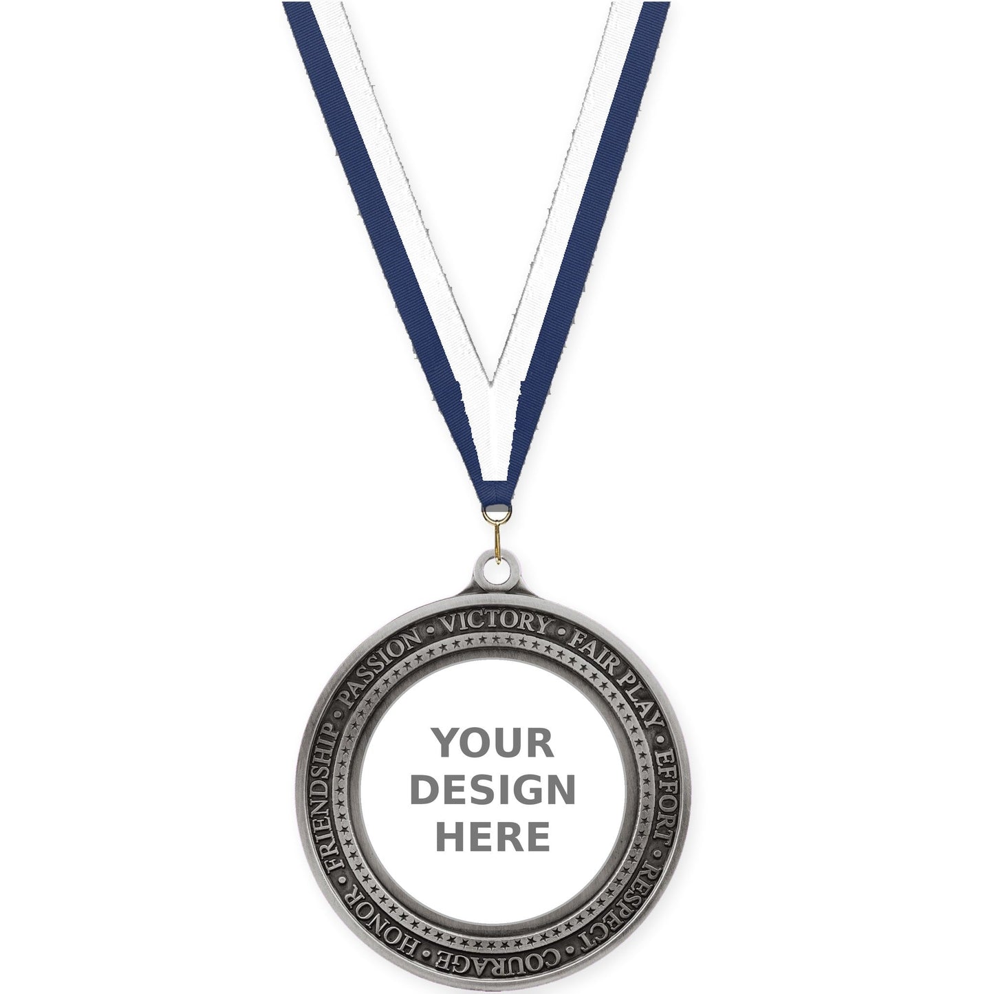 2 3/4 inch Inspiration Ring insert medal in antique silver with Navy White neck ribbon