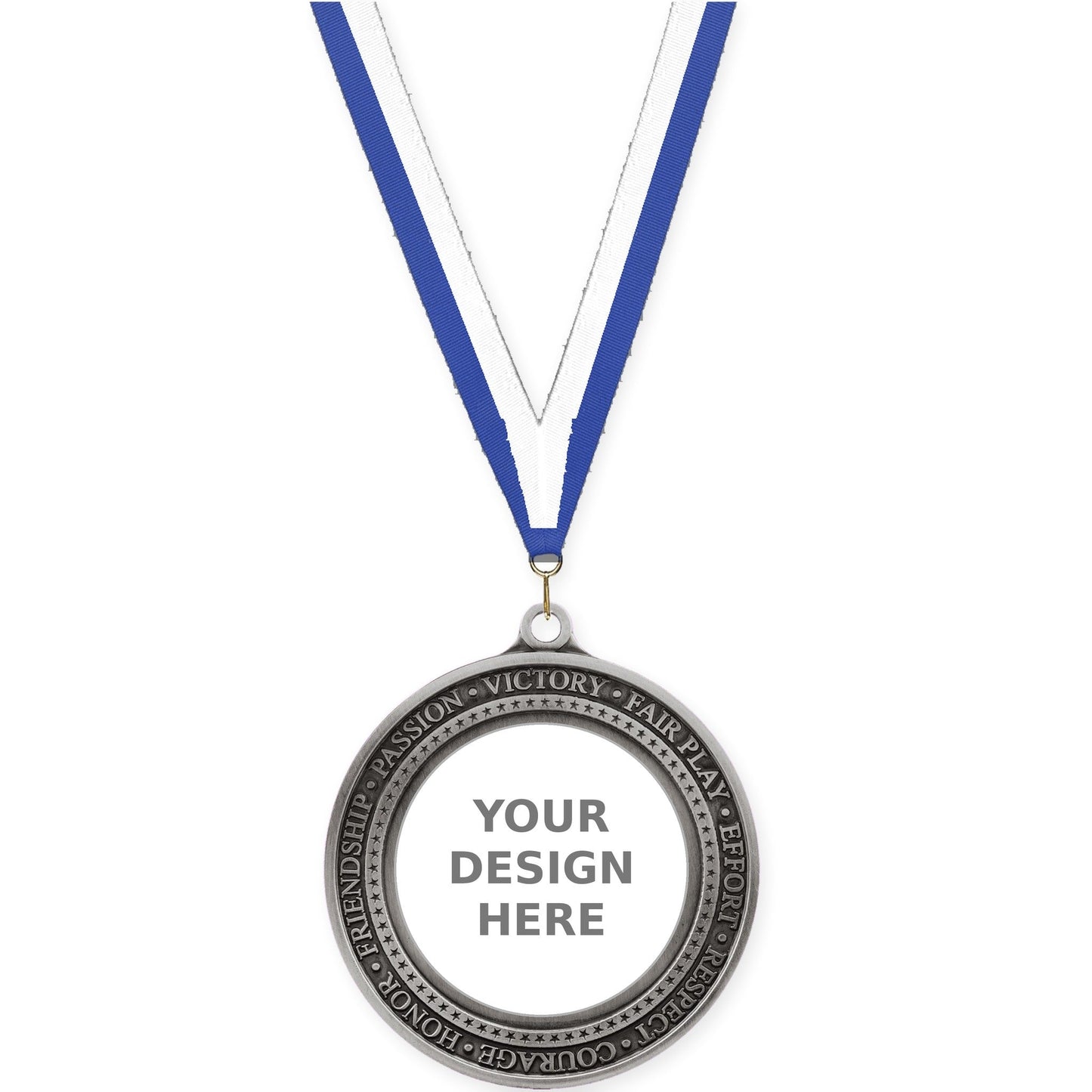 2 3/4 inch Inspiration Ring insert medal in antique silver with Blue White neck ribbon