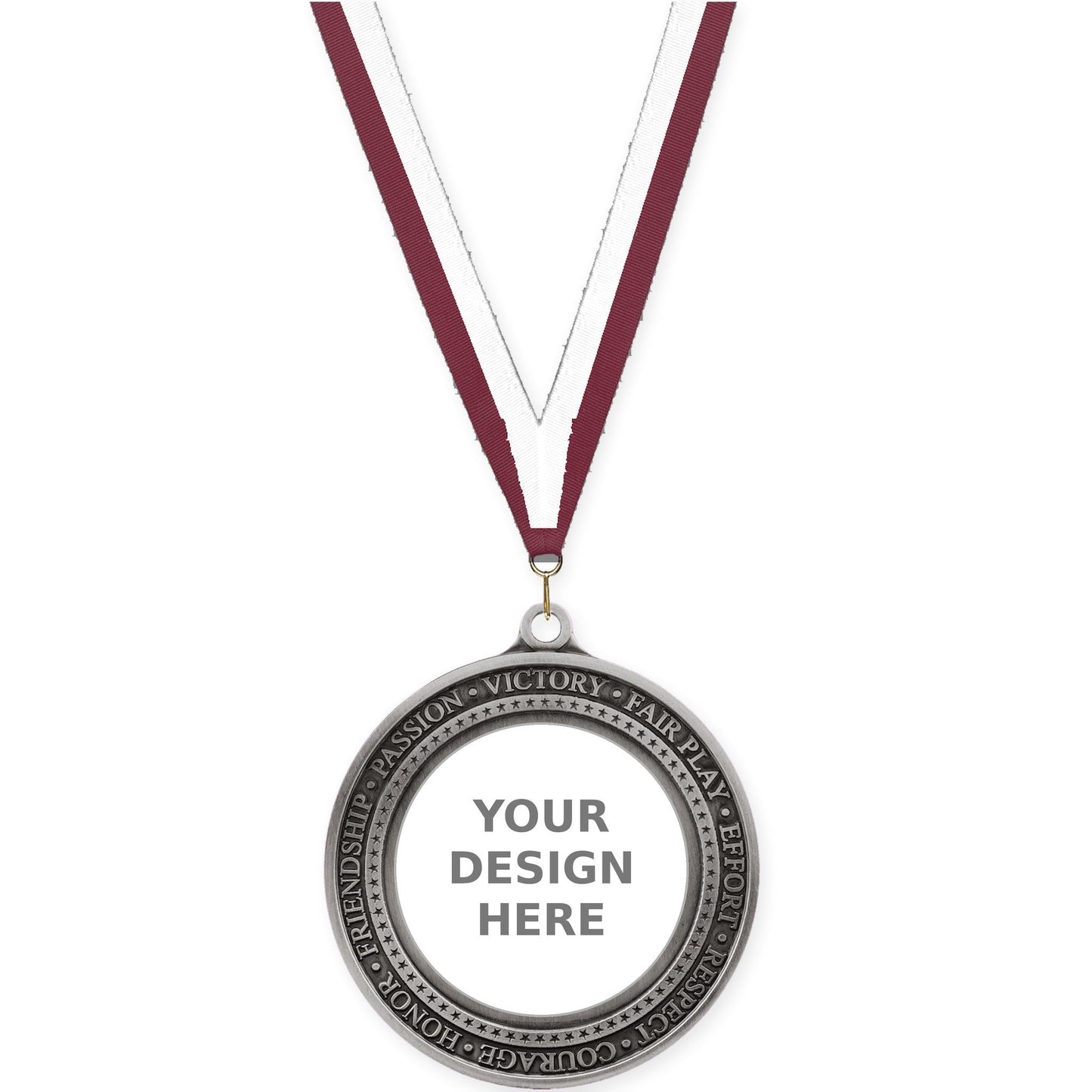 2 3/4 inch Inspiration Ring insert medal in antique silver with Maroon White neck ribbon